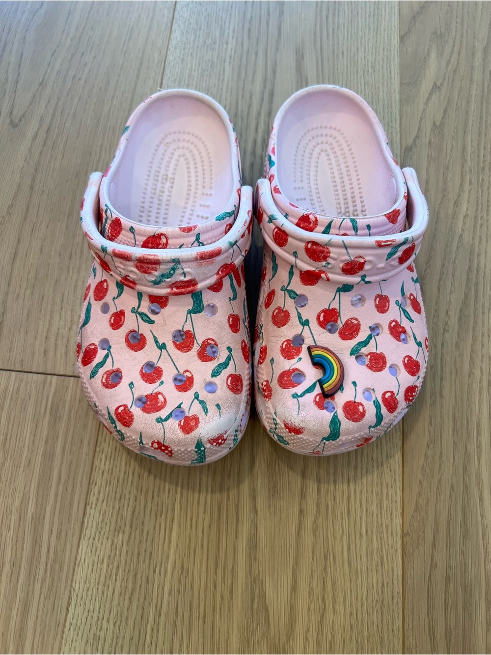 CROCS Kids Pink Cherry Print Clogs with Rainbow Charm